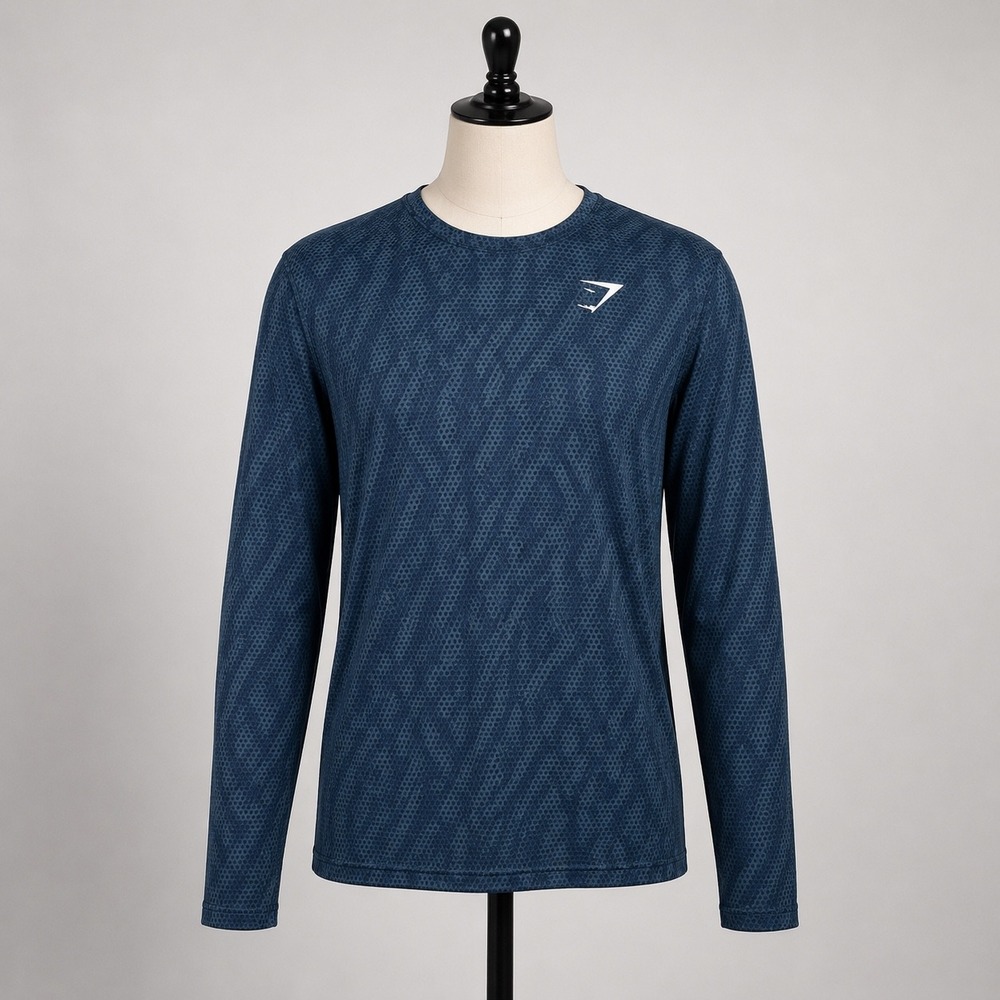 Gymshark Mens Blue Honeycomb Geometric Long Sleeve Training Top GMLT3257 Size M